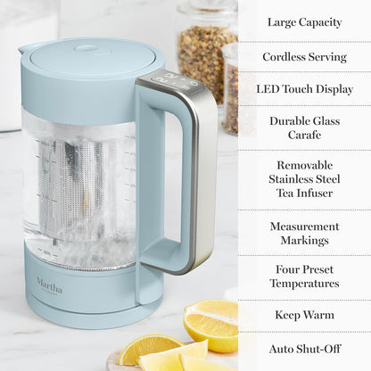Martha Stewart Electric Kettle with Removable Stainless Steel Tea Infuser, Glass Carafe 1.7L (7 Cups), Hot Water Boiler, 4 Presets, Keep Warm & Auto Shut-Off, Cordless 360° Swivel Base, Honeydew Green