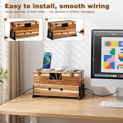Extra Large Cable Management Box, 14.2-Inch Acacia Wood Cord Hider Box with Dual Locks and Magnetic Lid, Power Strip Cover and Cable Organizer for Desk, Floor, TV Wires and Home Office