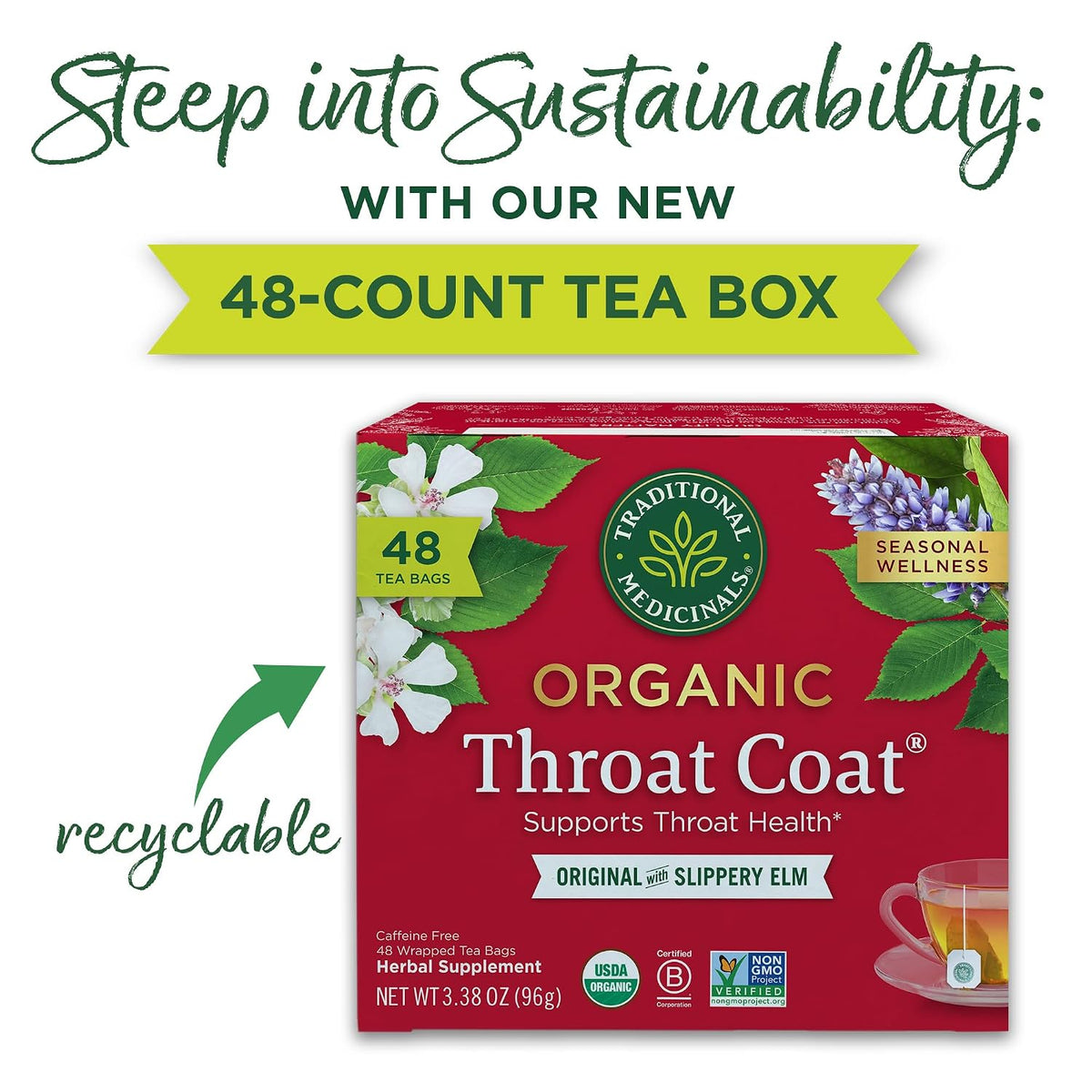 Traditional Medicinals Organic, Throat Coat Tea, Original with Slippery Elm - Supports Throat Health - Kosher, Non-GMO, Caffeine-Free, Compostable - 48 Tea Bags