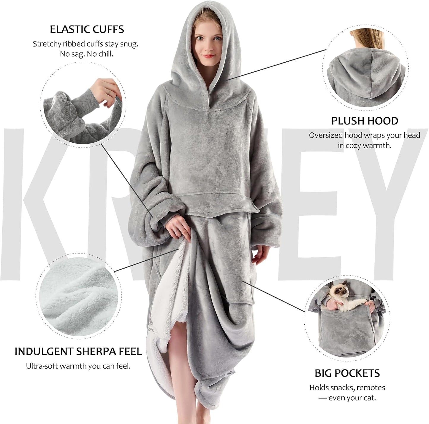 Krifey Wearable Blanket Hoodie, Oversized Sherpa Hooded Blanket for Adults | Soft sherpa fleece with sleeves and pocket; oversized fit for lounging, WFH, camping, Christmas and white elephant gifts.