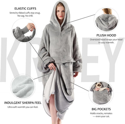 Krifey Wearable Blanket Hoodie, Oversized Sherpa Hooded Blanket for Adults | Soft sherpa fleece with sleeves and pocket; oversized fit for lounging, WFH, camping, Christmas and white elephant gifts.