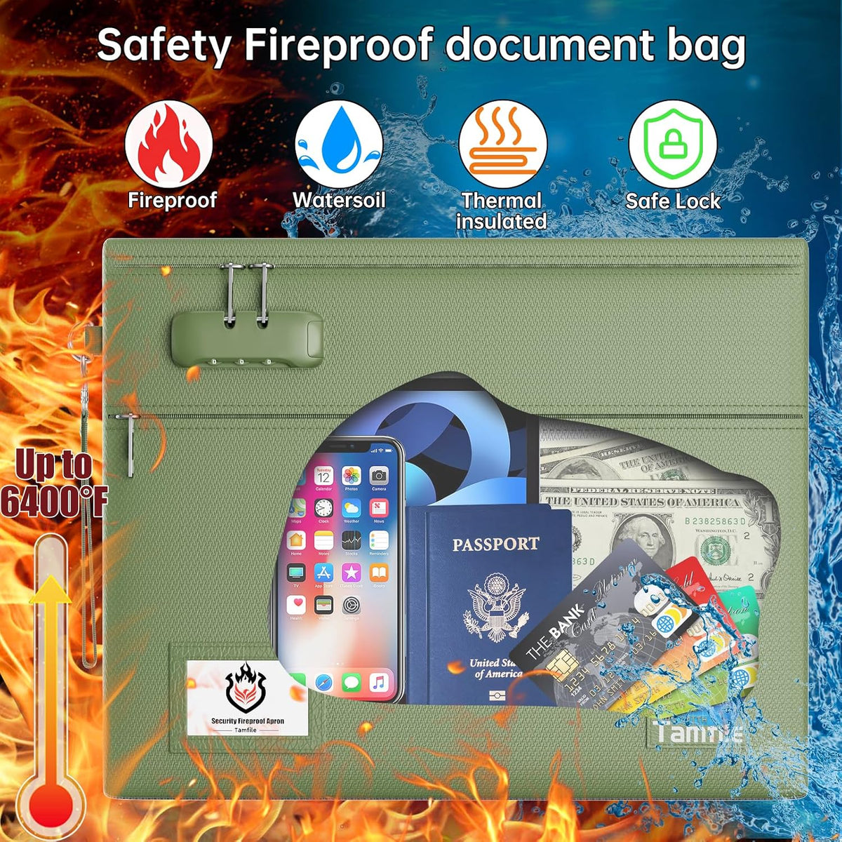 Tamfile Fireproof Document Bag with Lock,15x12 inch Heat Resistant Cash Bag