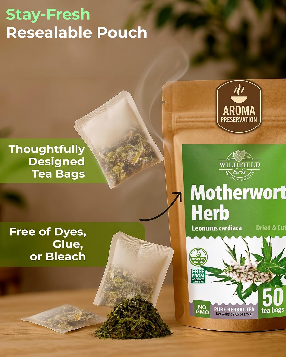 50 Bags Motherwort Tea Dried Motherwort Herb (Leonuri Herba) - 50 Tea Bags 1.5g Leonurus