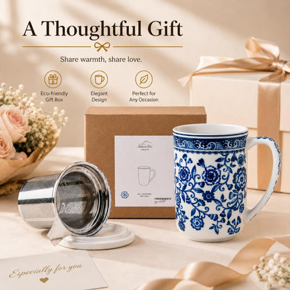 AmorArc Porcelain Tea Mug with Infuser and Lids, 18 Oz Large Cup Strainer with Bag Holder for Loose Leaf Tea, Steeping Coffee Mug for House-warming Wedding Birthday Gift