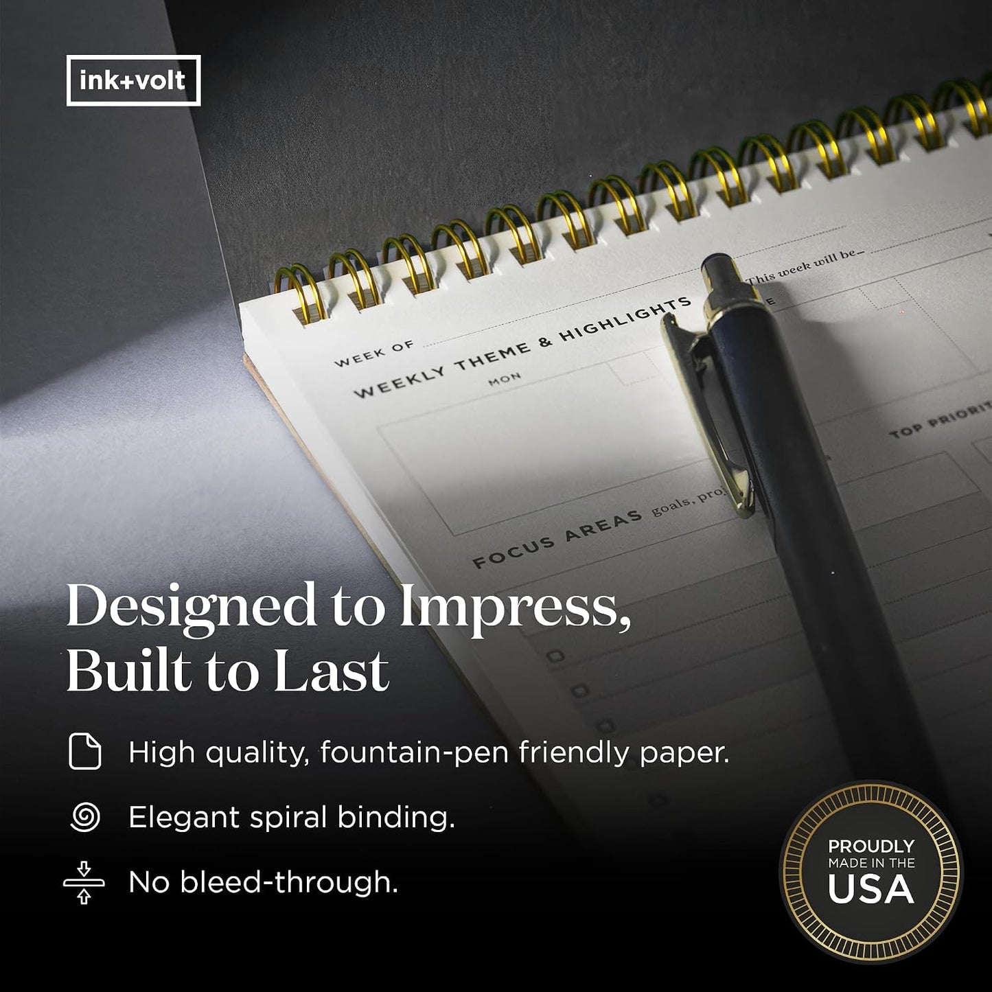 Ink+Volt Dashboard Spiral Deskpad | Undated Weekly Planner Notepad w/ 52 Undated Sheets, Premium Productivity Planner, Minimalist Weekly to do List for Work & Study | A4 Size, Navy - Made in the USA