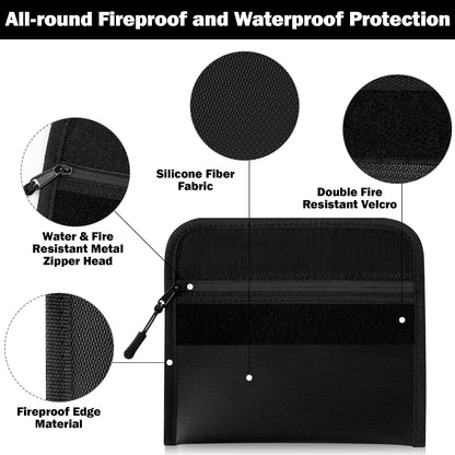 Fireproof Waterproof Document Bag - 5200°F Water Resistant Fire Proof Money Bag, 3 Layers of Heat Insulated Storage with Zipper, 7.9"x5" Portable Files Safe Pouch for Cash Passport (Black)
