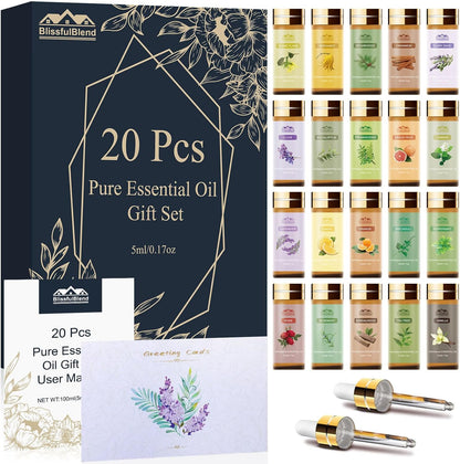 Fragrance Essential Oils Set, Essential Oils for Diffuser, for Home, Skin, Candle & Soap Making-Tea Tree, Lavender, Peppermint, Rose and More, with Gift Card for Friend, Teacher, Mom(20×5ml