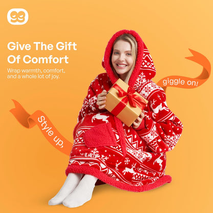 Giggling Getup Wearable Blanket Hoodie for Adults Gifts for Teen Girls Sister Women Sherpa Fleece Printed Hooded Blanket Sweatshirt Warm Cozy with Pocket & Sleeves Beige Cat