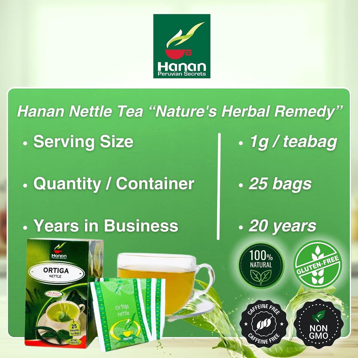 Hanan Nettle Tea - 25 Tea Bags of Stinging Nettle Leaf and Root - All-Natural Herbal Tea of Wild Nettles Leaves from Peru