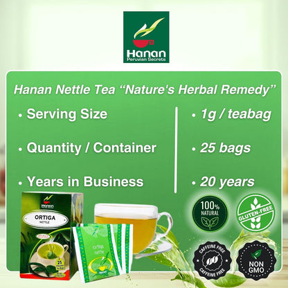 Hanan Nettle Tea - 25 Tea Bags of Stinging Nettle Leaf and Root - All-Natural Herbal Tea of Wild Nettles Leaves from Peru