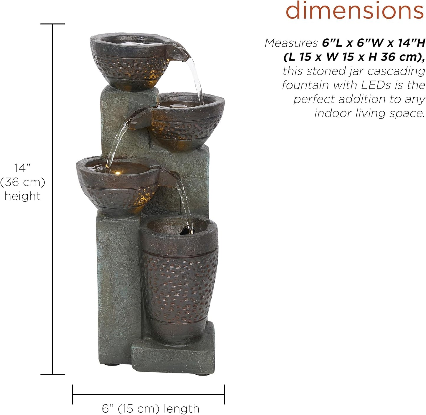 Alpine Corporatio 14" Tall Stoned Jar Cascading Water Fountain with LED Lights, Elegant Tabletop Water Feature for Home, Office, Living Room, and Bedroom Decor, Gray