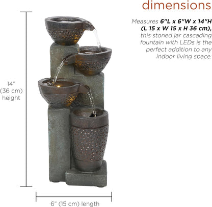 Alpine Corporatio 14" Tall Stoned Jar Cascading Water Fountain with LED Lights, Elegant Tabletop Water Feature for Home, Office, Living Room, and Bedroom Decor, Gray