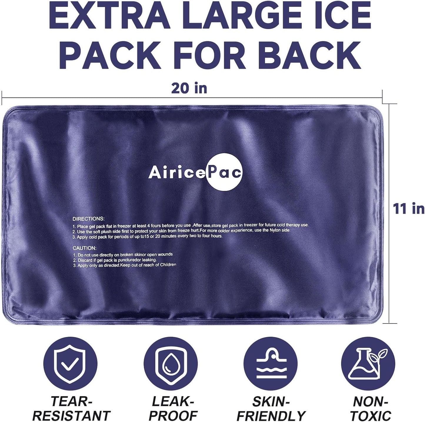 AiricePac Extra Large Gel Flexible Back Ice Packs for Injuries Reusable, 11”x 20” Cold Pack Wrap for Knee Leg Neck Shoulder Hip Back Pain Relief, Cold Compress Therapy for Swelling, Bruises, Surgery