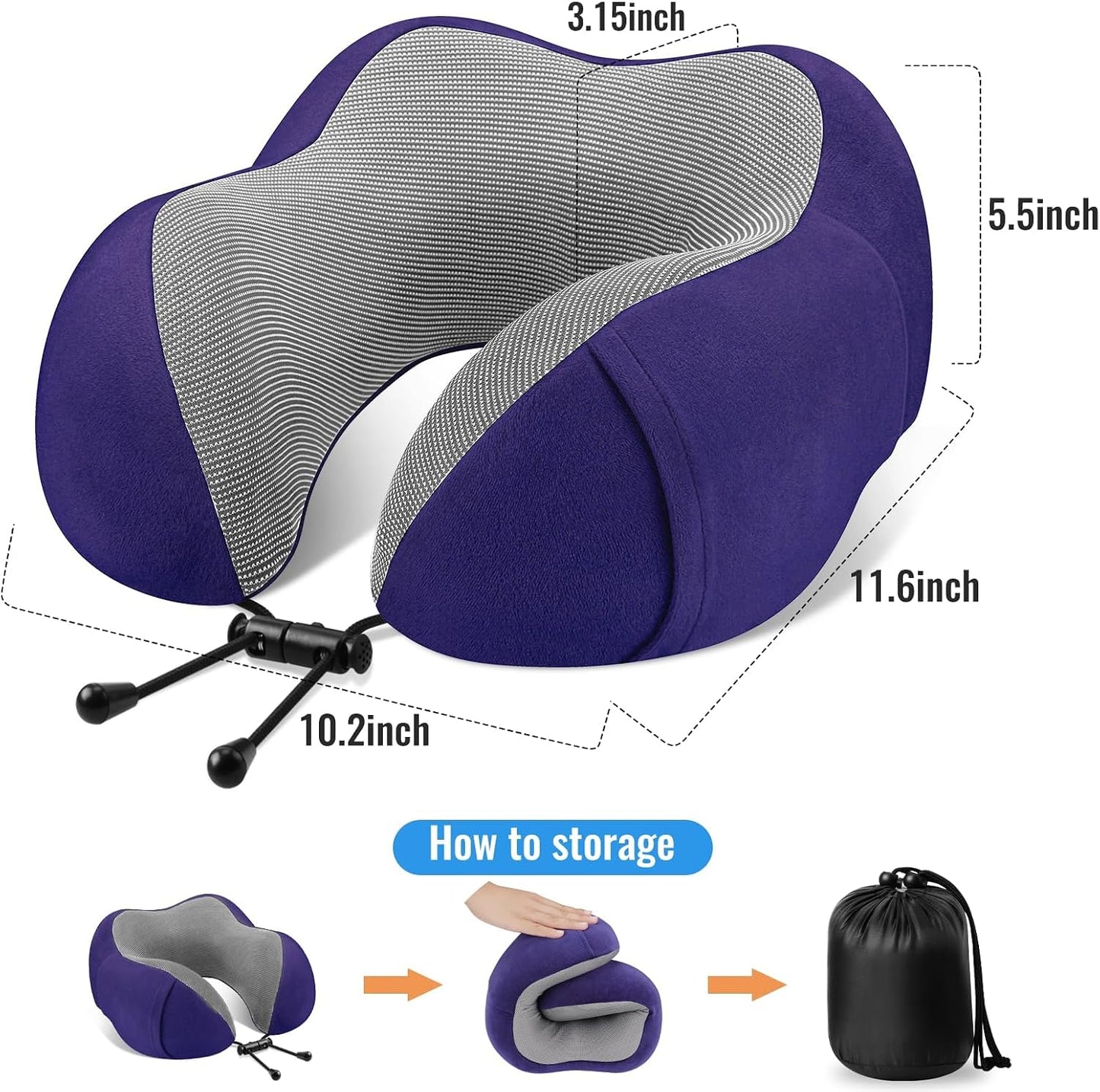 CloudBliss Travel Pillow for Airplane, Memory Foam Neck Pillow for Travel, Compact Flight Pillow with Eye Mask, Earplugs, Carry Bag, Travel Neck Pillow for Long Flight Sleep, Plane Accessories, Black