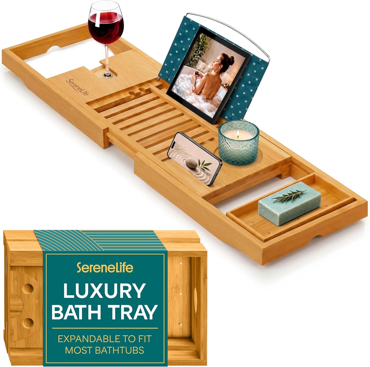 SereneLife 2 in 1 Bed and Bath Tray - Foldable Bamboo Bathtub Caddy with Adjustable Length, Non-Slip, Device Holder, Wine Glass Slot, Expandable for Comfortable Bathing, Natural, Folding Set