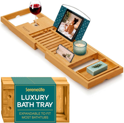 SereneLife 2 in 1 Bed and Bath Tray - Foldable Bamboo Bathtub Caddy with Adjustable Length, Non-Slip, Device Holder, Wine Glass Slot, Expandable for Comfortable Bathing, Natural, Folding Set