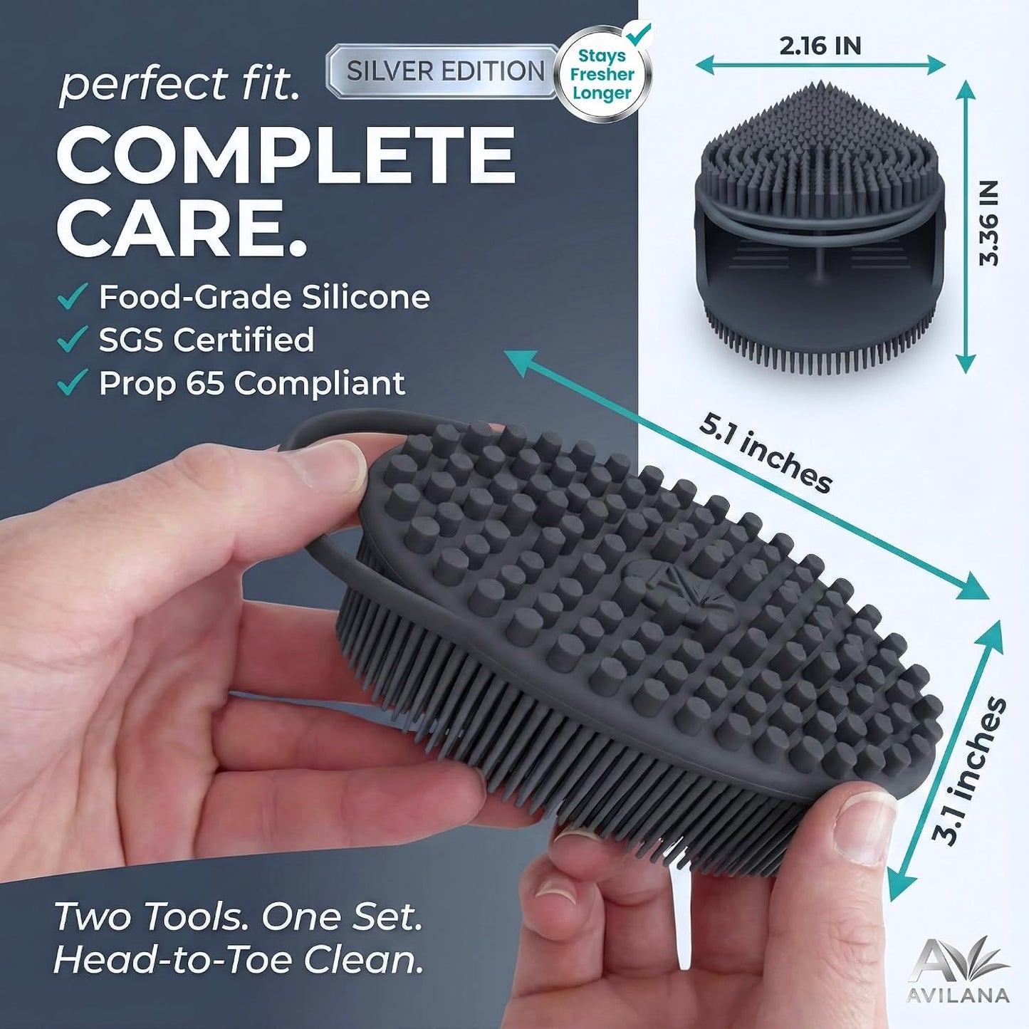Avilana Premium Silicone Body Scrubber - Trusted Since 2017 - SGS Certified Food Grade Dual Sided Bath Brush, Quick-Dry Exfoliating Loofah Alternative, Massage Brush Sensitive Skin Women Men