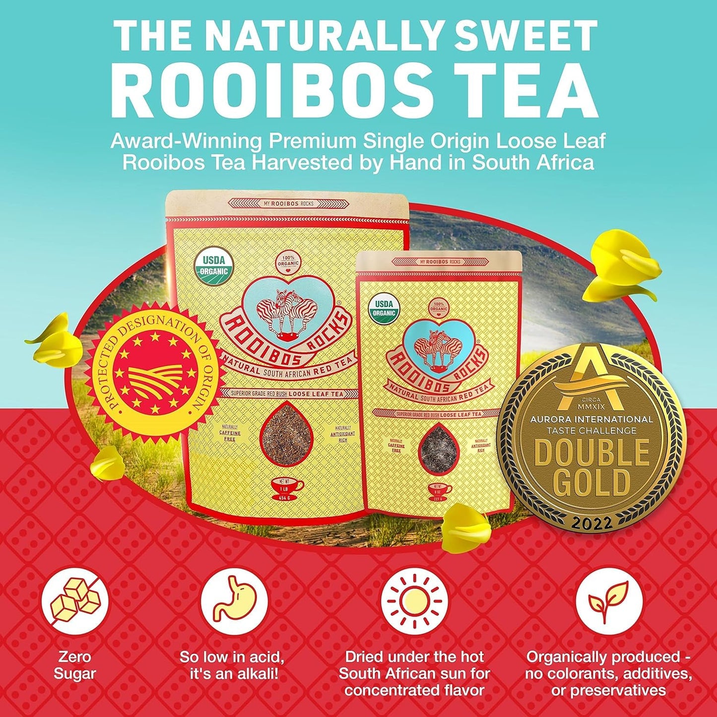 Caffeine Free Organic Rooibos Tea Bags 80 - Naturally Sweet Herbal Tea Safe for Kids & Pregnant Women – Low Tannin Premium South African Tea Red Tea - Sustainably & Ethically Farmed Red Rooibos Tea