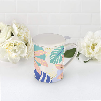 Pinky Up Annette Ceramic Tea Cup with Infuser and Lid, Travel Mug for Loose Leaf Teas, Home Office, Camping, Picnic Party, 12 oz, Set of 1, Honeycomb