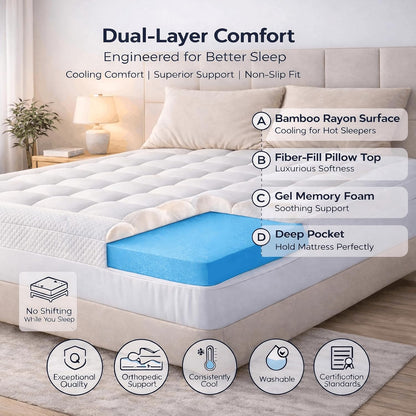 ELEMUSE Twin XL Dorm Dual Layer 3 Inch Memory Foam Mattress Topper for College, Dorm Room Essentials, 2 Inch Cooling Gel Foam and 1 Inch Soft Pillow Top Bed Pad,Back to School Comfortable Support