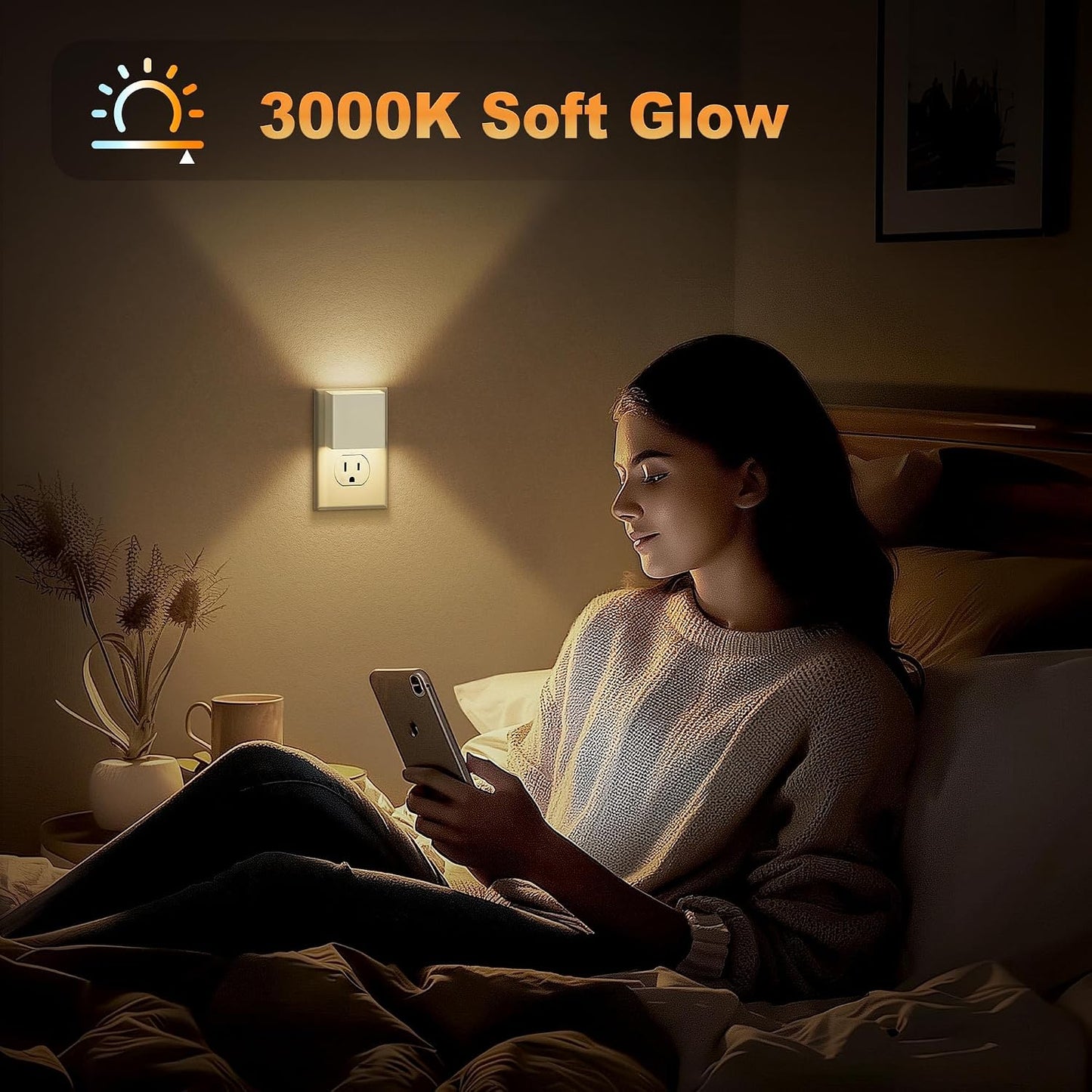 JandCase Night Light, Modern Night Lights Plug into Wall,2 Pack Dusk to Dawn Sensor Nightlight, Amber Brightness Adjustable Nightlight for Kids Bathroom Hallway Kitchen Bedroom Decor