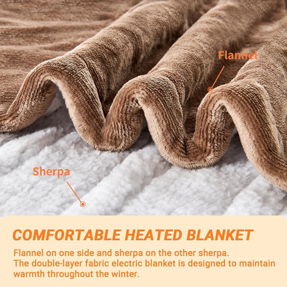 Electric Blanket Heated Throw, Soft Flannel 50"x60" Heating Blanket with 8 Hours Auto Off 10 Fast Heating Levels Machine Washable Sherpa Heated Blanket with Overheating Protection