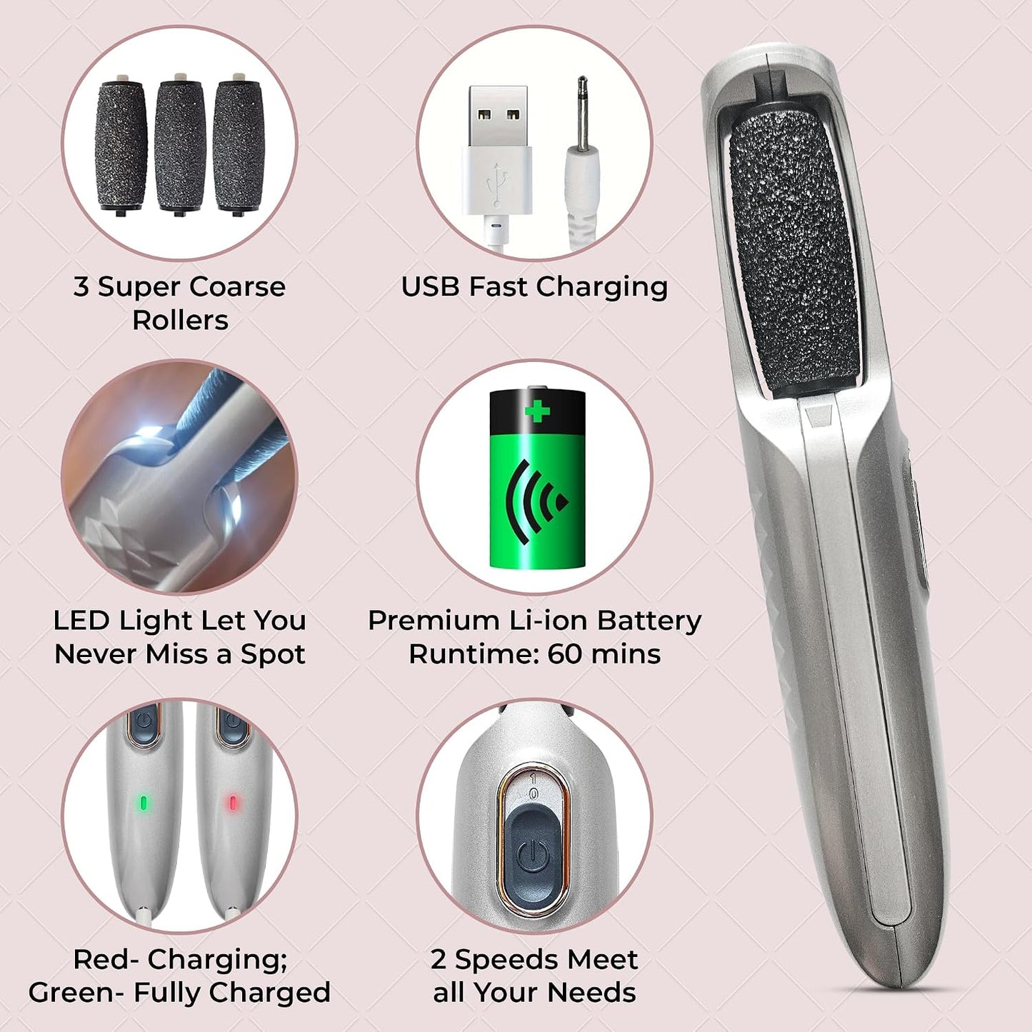 Powerful Electric Callus Remover Wand – Rechargeable Foot File, Grinder & Scrubber - Removes Dead, Hard Skin & Calluses – Best Pedicure Tool for Soft, Smooth Feet for Men & Women (Rose Gold)