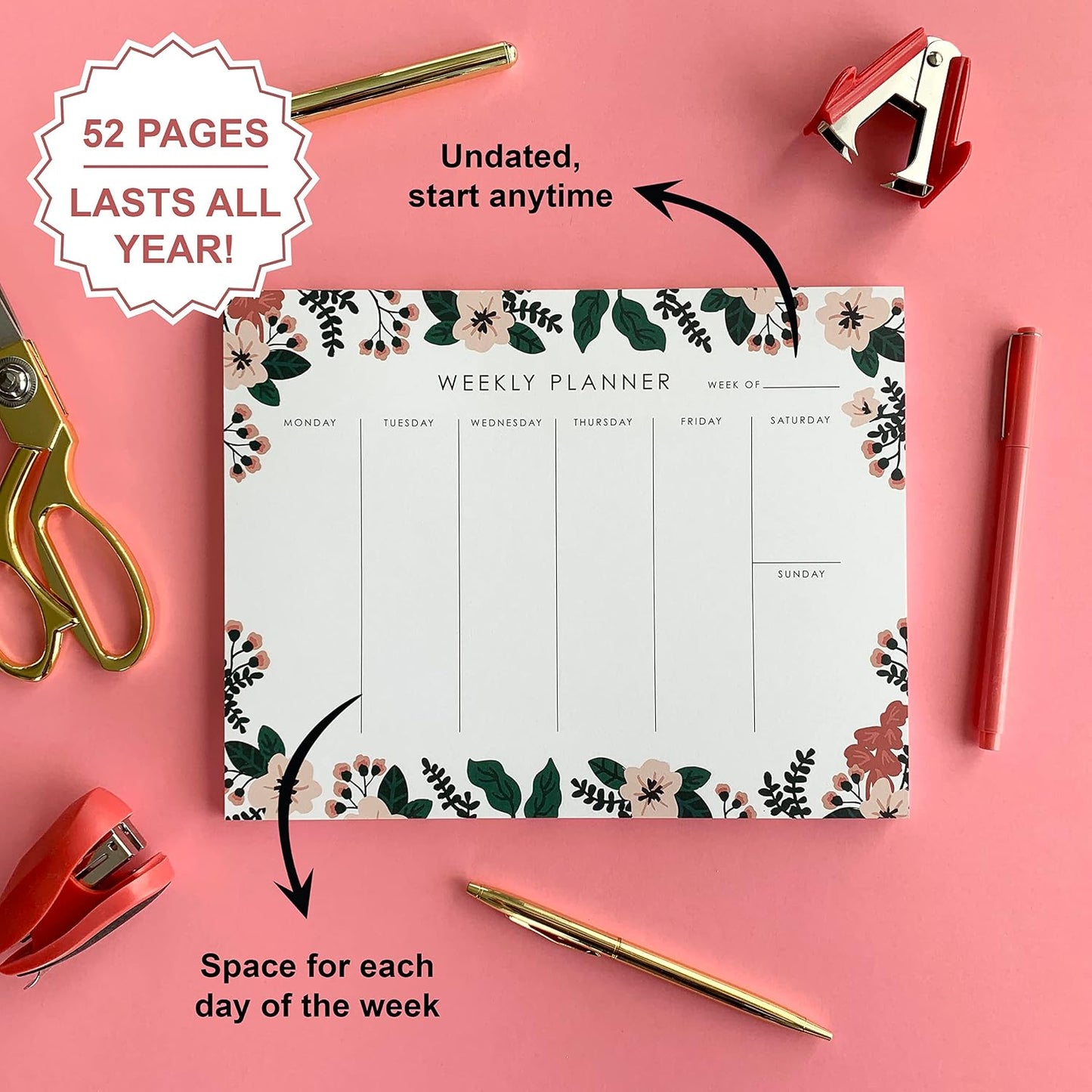 Weekly Planner Notepad - 9x7” inches, 52 tear off sheets - Undated Desk Planner Pad Calendar Notepad Organizer for Weekly To Do List, Notes and Schedule (Lemons)