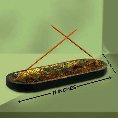 Hand Carved Incense Holder-Incense Burner/Ash Catcher/Handmade Wooden Insence Tray – Modern Gift Home/Room/Seven Chakra Blue Gold Kitchen Décor Size 11x4x1.5 Inches
