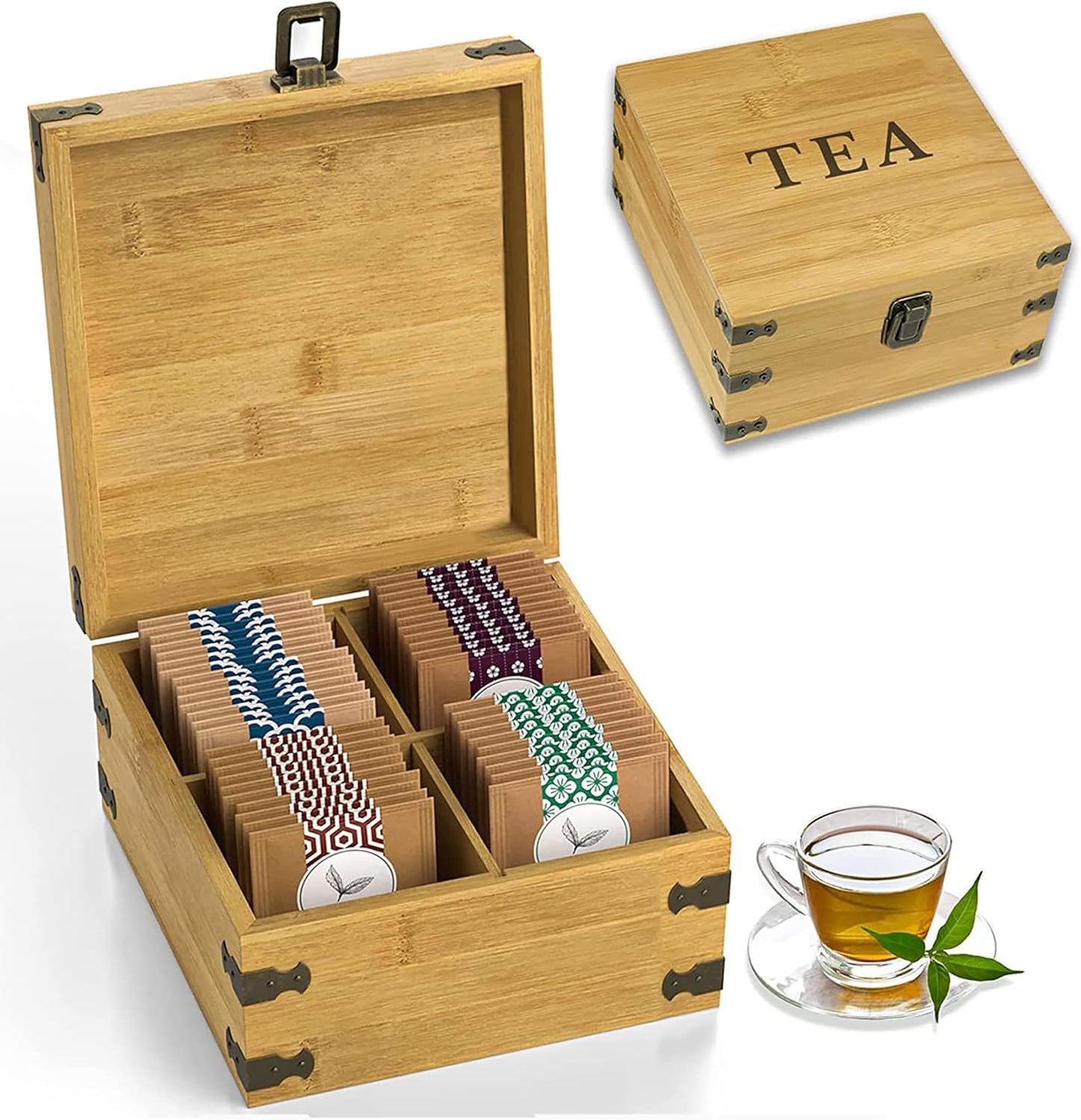 Tea Organizer Box Food Safe Chemical Free Bamboo Wood Storage Chest Big, Tall, Adjustable Cubbies (8-Slot 14.3" x 8.1" x 4.2" with TEA print design)