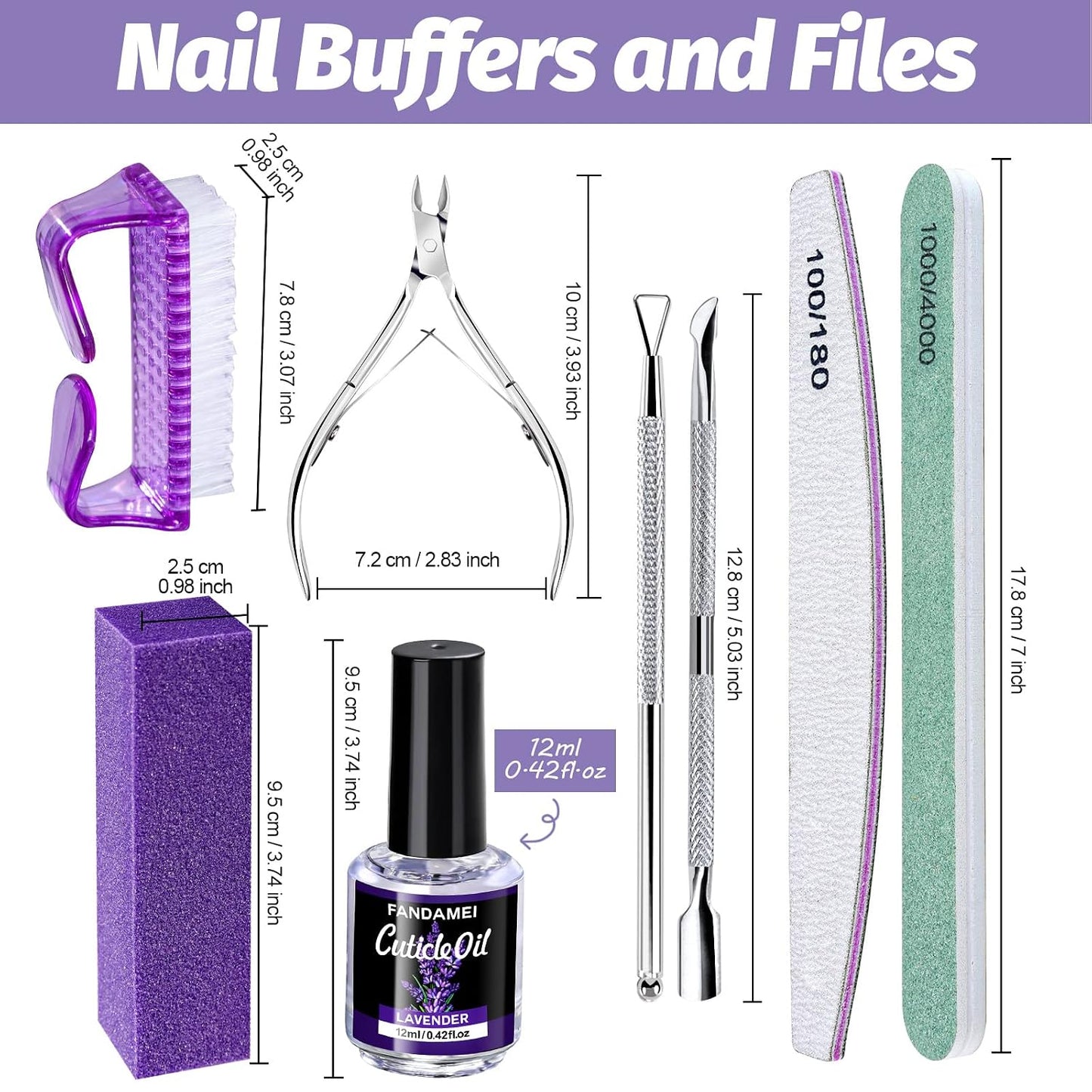 FANDAMEI Nail Files and Buffers, Manicure Tools Nail Care Kit with Nail File, Nail Buffer Block, Cuticle Care for Women with Nippers, Pusher Peeler. Cuticle Oil and Nail Prep Kit.