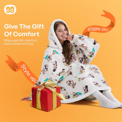 Giggling Getup Wearable Blanket Hoodie for Adults Gifts for Teen Girls Sister Women Sherpa Fleece Printed Hooded Blanket Sweatshirt Warm Cozy with Pocket & Sleeves Beige Cat