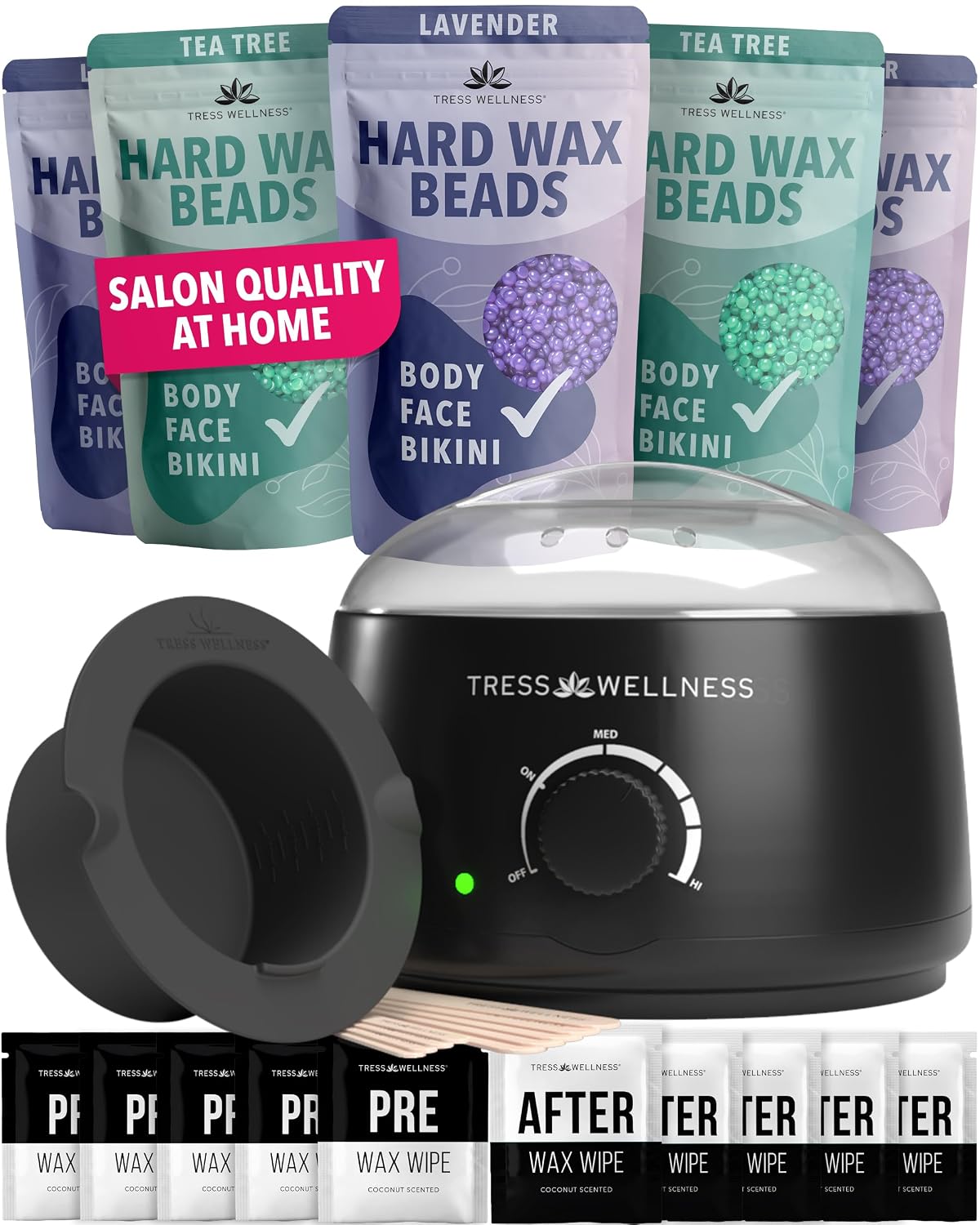 Tress Wellness Award Winning Waxing Kit for Sensitive Skin, Safe for Face & Skin, Easy to Use, At-Home Kit for Face, Bikini, Brazilian & Full Body - Digital Display, Black Purple Flower