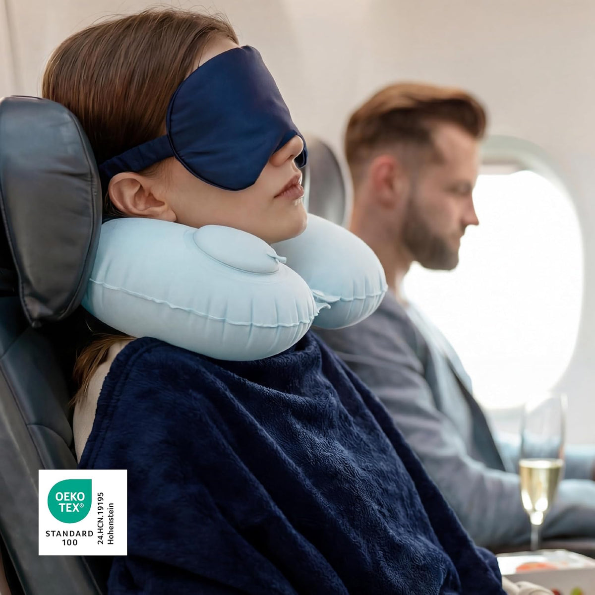 Bedsure Travel Blanket Set with Inflatable Neck Pillow and Eye Mask, Grey