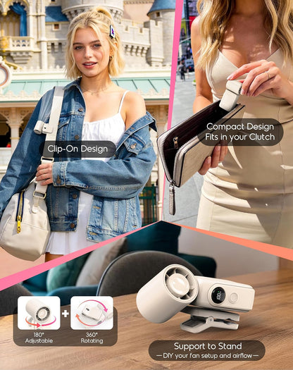 Portable Clip-On Mini Fan, Personal Handheld Fan for Stroller w/ LED Screen