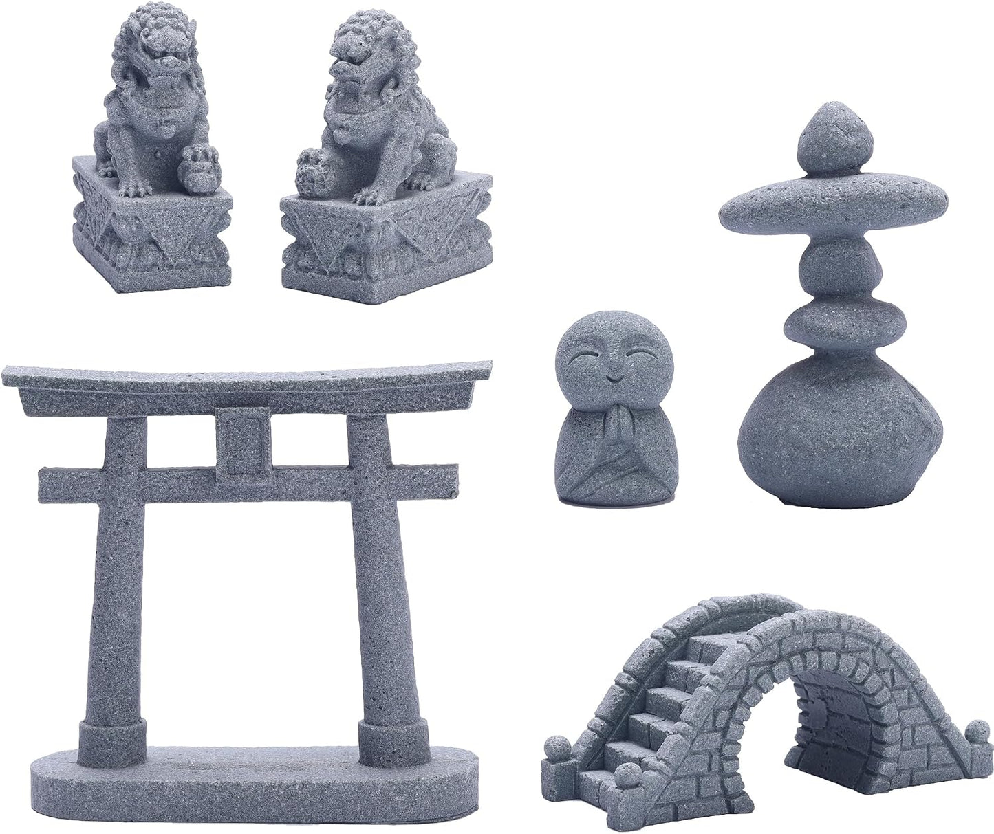 6 PCS Mini Zen Garden Accessories, Miniature Garden Bridge Foo Dogs Torii Gate Sandstone Figurines Meditation Zen Decor Japanese Fish Tank Terrarium Bonsai Decorations (Art Deco)
