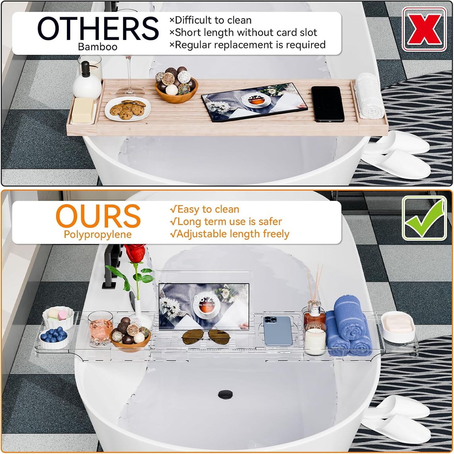 Yieach Luxury Clear Acrylic Bathtub Tray with Book Holder,Expandable Bath Tray for Tub and Bath Shelf Over Tub,Plastic Bath Table & Board,Bath Caddy Trays & Accessories for Women Relaxing Spa Gifts