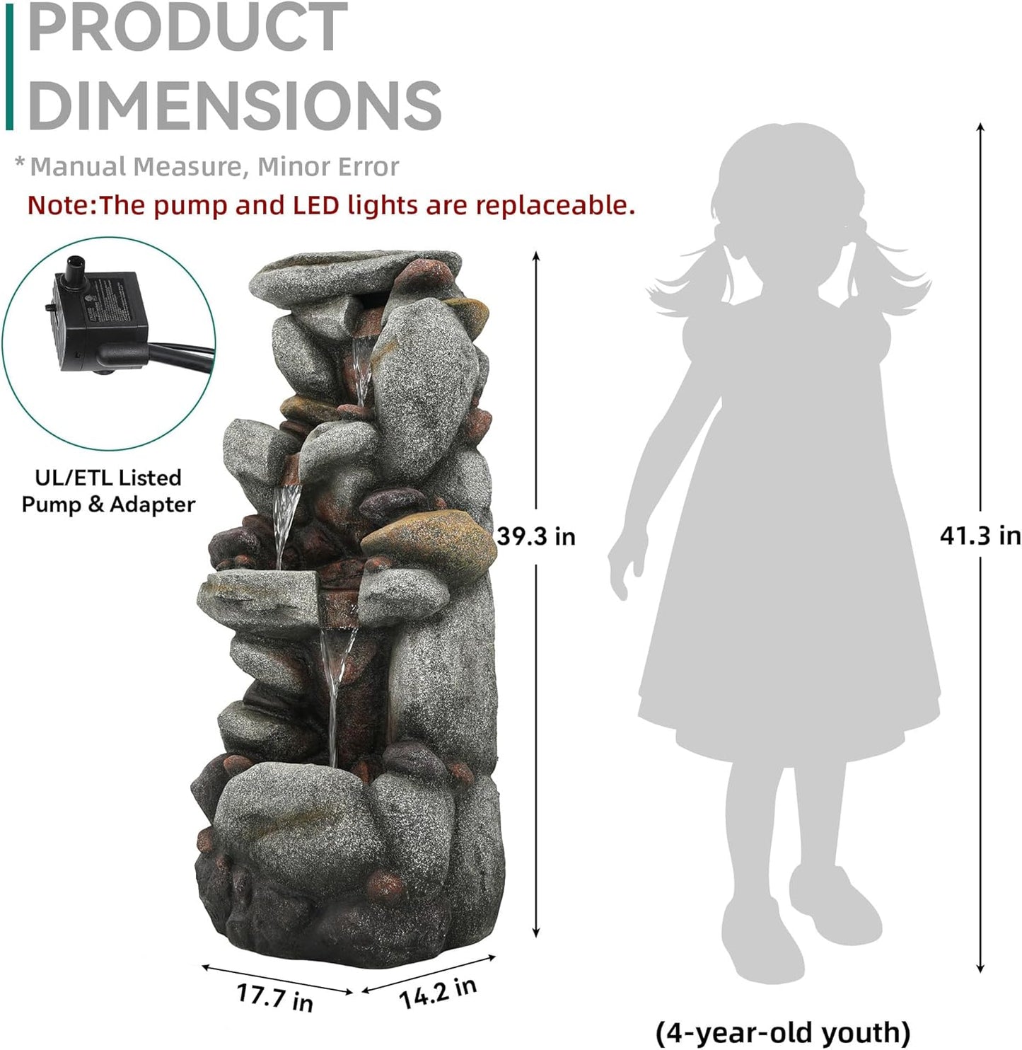19.5" H 4-Tier Indoor & Outdoor Water Fountain with LED Lights | Resin Pebble Textured Tabletop Cascading Water Feature, Relaxing Decor for Patio, Porch, Deck, Yard & Home