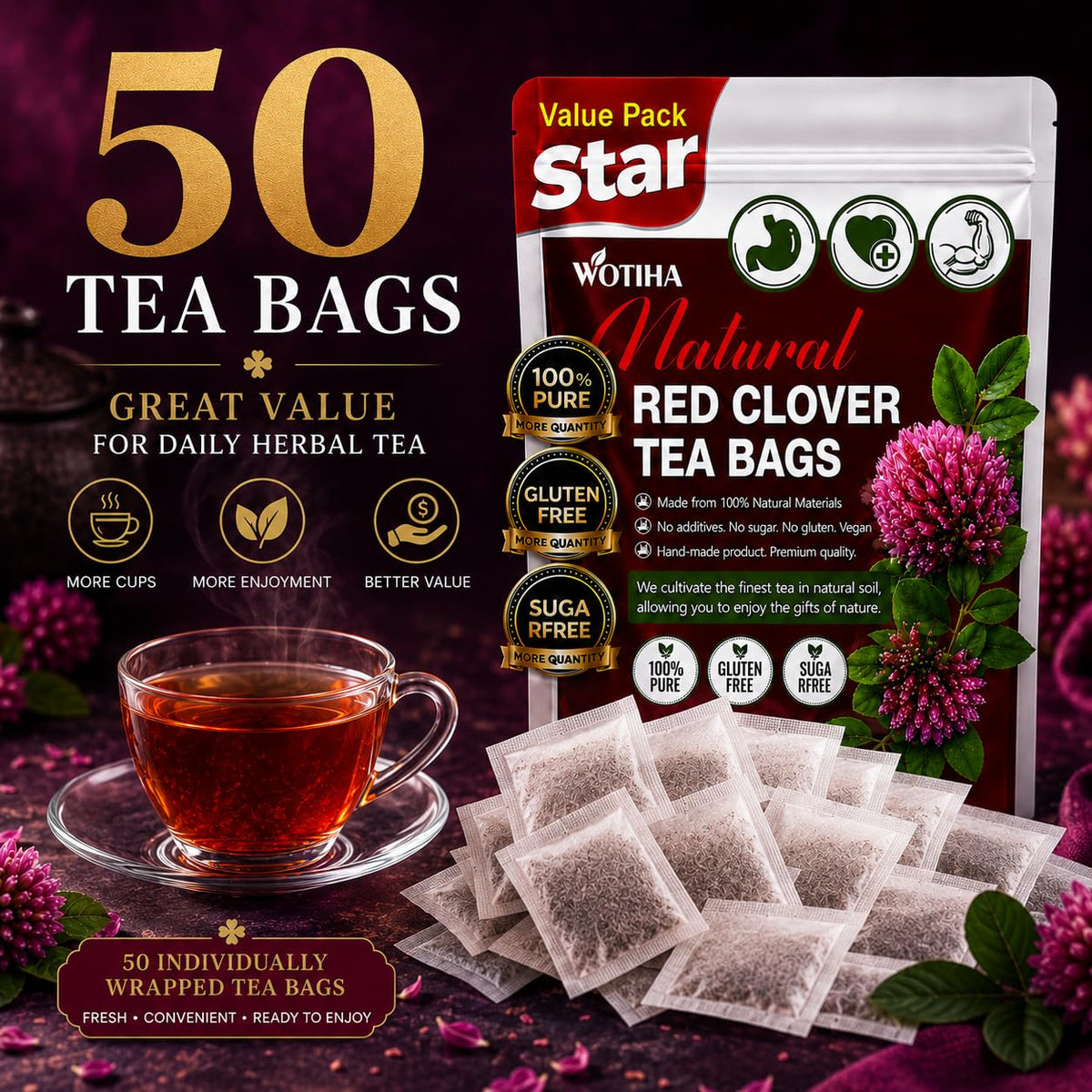 WOTIHA Premium Red Clover Tea Bags, 50 Count – 100% Natural Red Clover Herb, Rich in Antioxidants, Additive-Free, Caffeine-Free, Sugar-Free