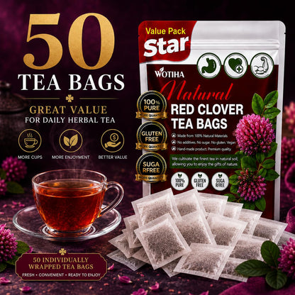 WOTIHA Premium Red Clover Tea Bags, 50 Count – 100% Natural Red Clover Herb, Rich in Antioxidants, Additive-Free, Caffeine-Free, Sugar-Free