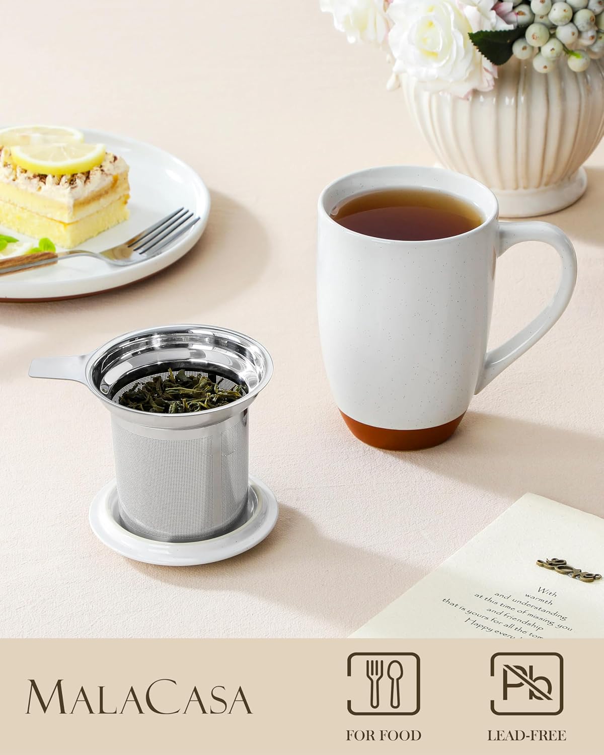MALACASA Ceramic Tea Mug with Lid and Stainless Steel Infuser, 18 oz Large Tea Cup for Loose Leaf Tea, Heat-Resistant, Microwave & Dishwasher Safe, Speckled Glaze Coffee & Tea Brewer Mug, Khaki White