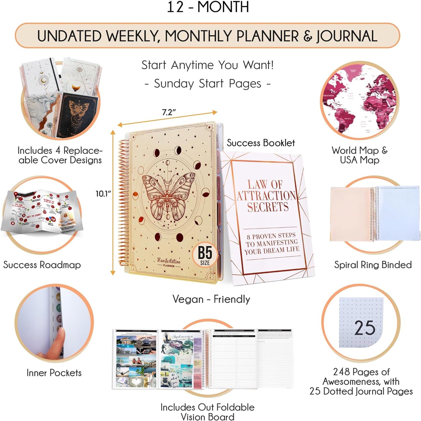 Manifestation Journal – Hourly, Weekly & Monthly Planner | 12-Month to Increase Productivity, Life Organizer & Goal Planner | Spiral Journal, Habit Tracker, Foldable Vision Board, Gift Box & Stickers