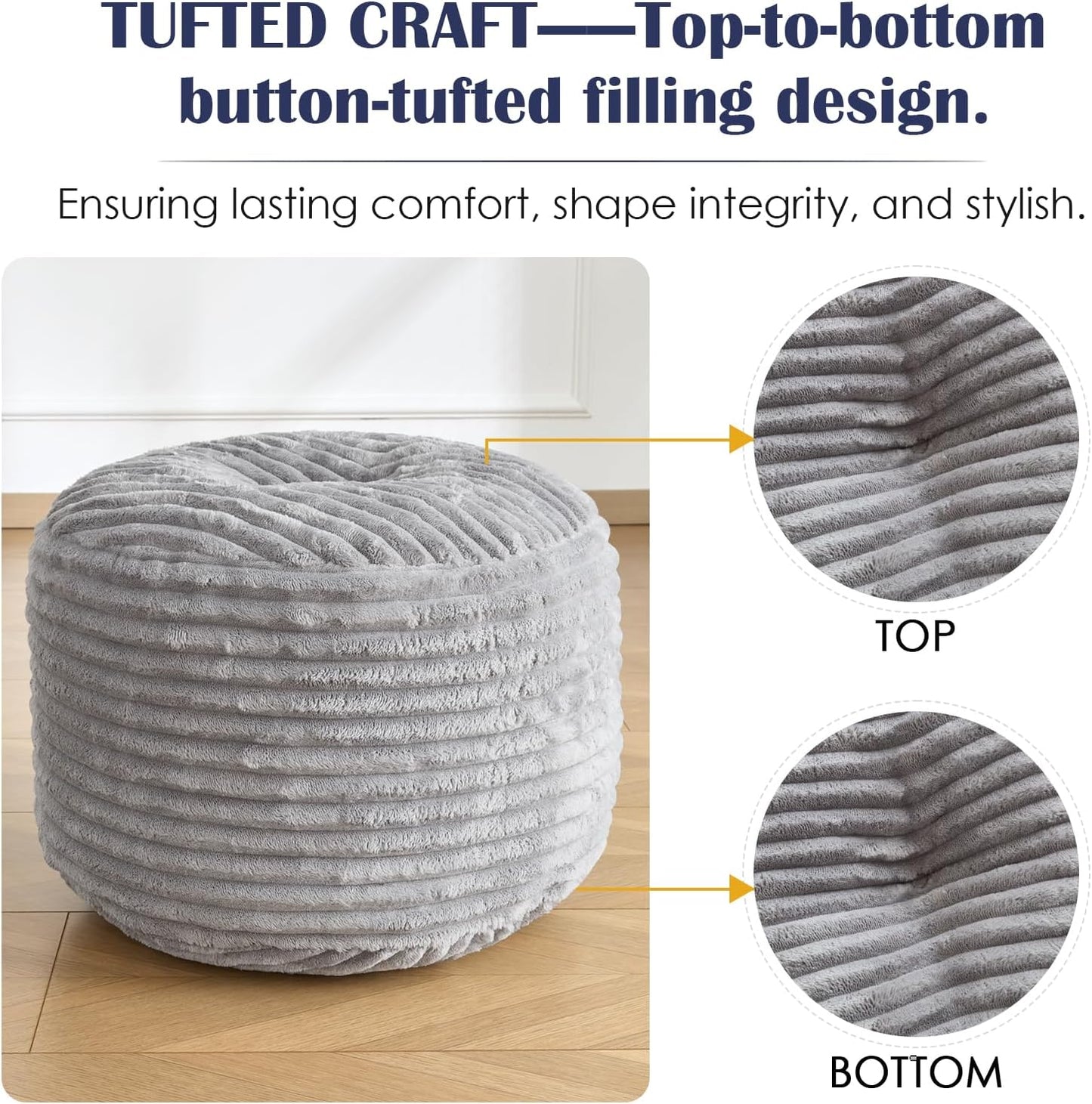 SHOUREN Stuffed Round Ottoman,Corduroy Pouf Ottoman Foot Rest with Foam Filling,Pouf Storage Ottoman Footstool for Living Room,20 X 15 Floor Poufs for Couch,Footrest Only - 20 X 15 Inches,Beige