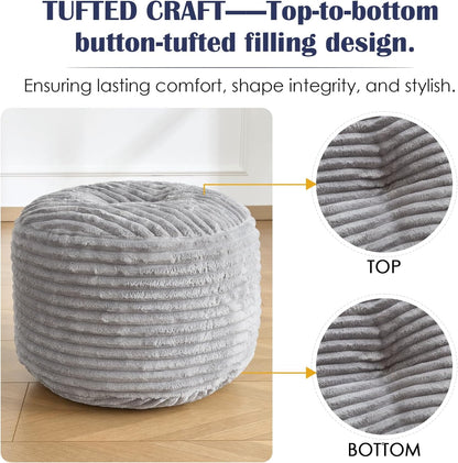 SHOUREN Stuffed Round Ottoman,Corduroy Pouf Ottoman Foot Rest with Foam Filling,Pouf Storage Ottoman Footstool for Living Room,20 X 15 Floor Poufs for Couch,Footrest Only - 20 X 15 Inches,Beige