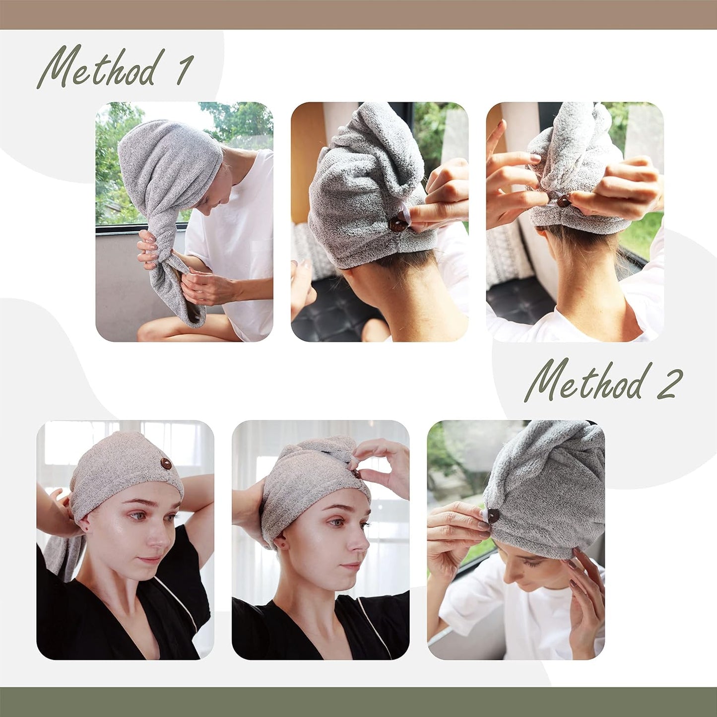 myHomeBody Hair Towel Wrap, Luxury Quick Drying Turban, Ultra Soft Absorbent Charcoal Fiber Cap, with Coconut Shell Button – Gray