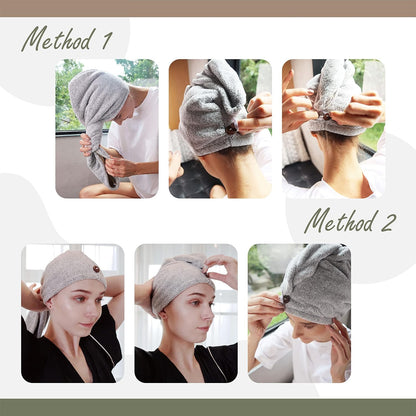 myHomeBody Hair Towel Wrap, Luxury Quick Drying Turban, Ultra Soft Absorbent Charcoal Fiber Cap, with Coconut Shell Button – Gray