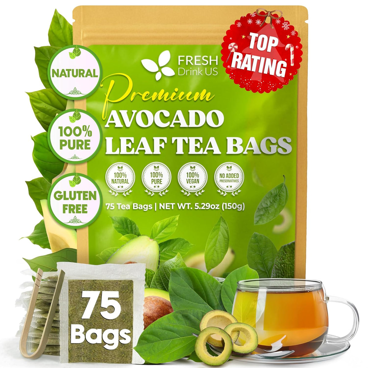 FreshDrinkUS, Avocado Leaf Tea Bags | 75 Count | Premium Dried Avocado Leaves Herbal Tea – Caffeine Free Botanical Tea – Fresh, Smooth & Earthy Flavor. Sugar Free. Vegan