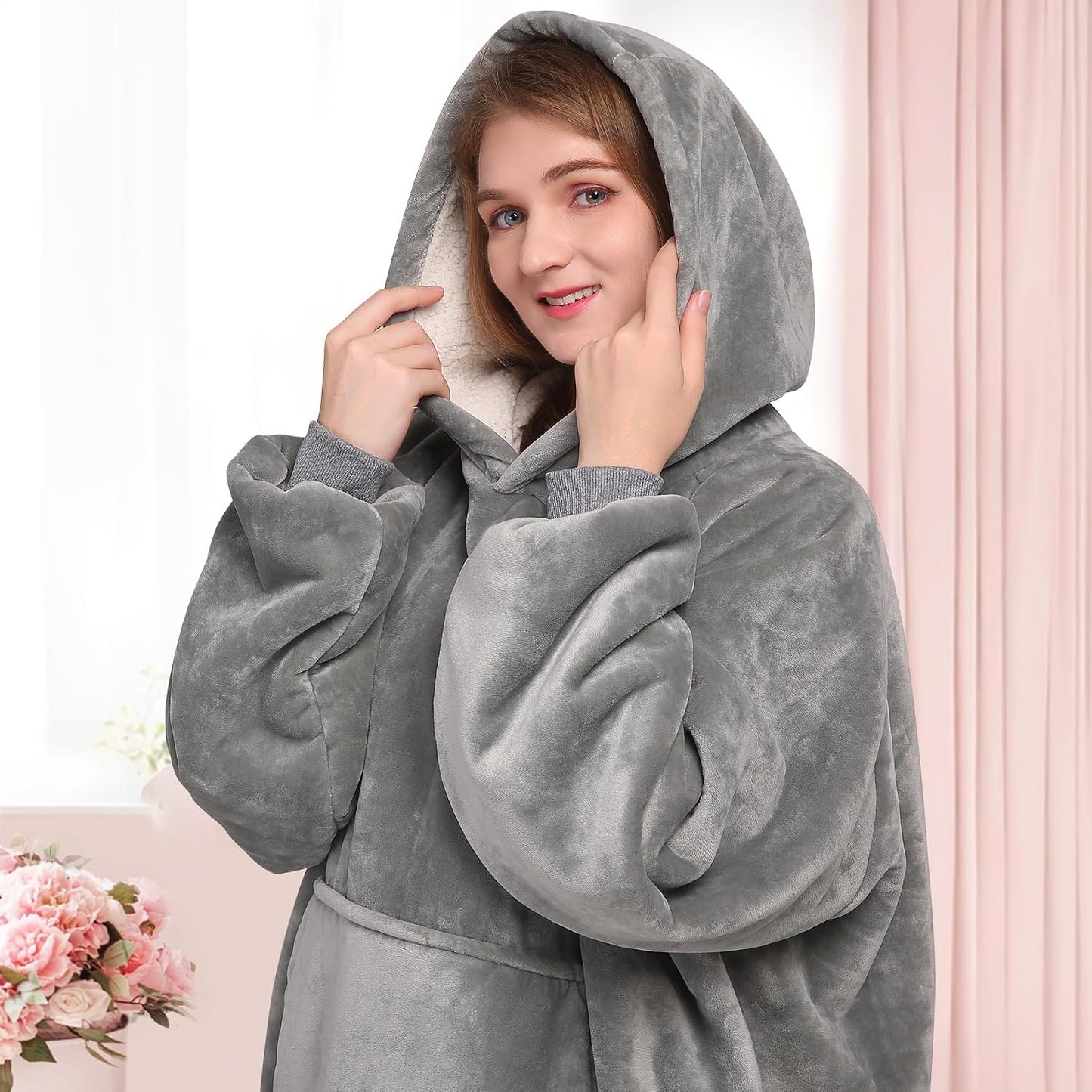 Waitu Wearable Blanket Sweatshirt Gifts for Women and Men, Warm and Cozy Giant Blanket Hoodie, Thick Flannel Blanket with Sleeves and Giant Pocket - Dark Gray