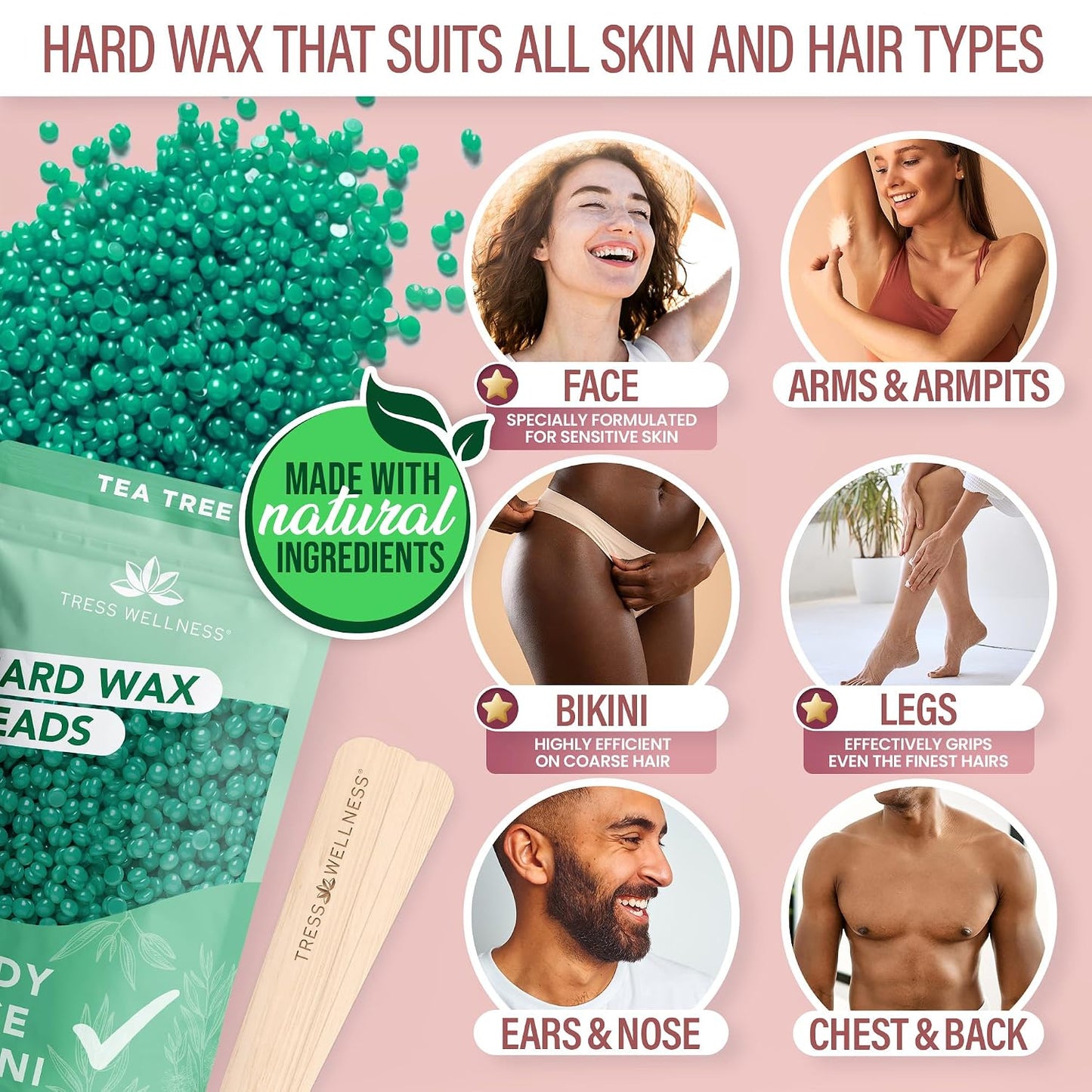 Tress Wellness Award Winning Waxing Kit for Sensitive Skin, Safe for Face & Skin, Easy to Use, At-Home Kit for Face, Bikini, Brazilian & Full Body - Digital Display, Black Purple Flower