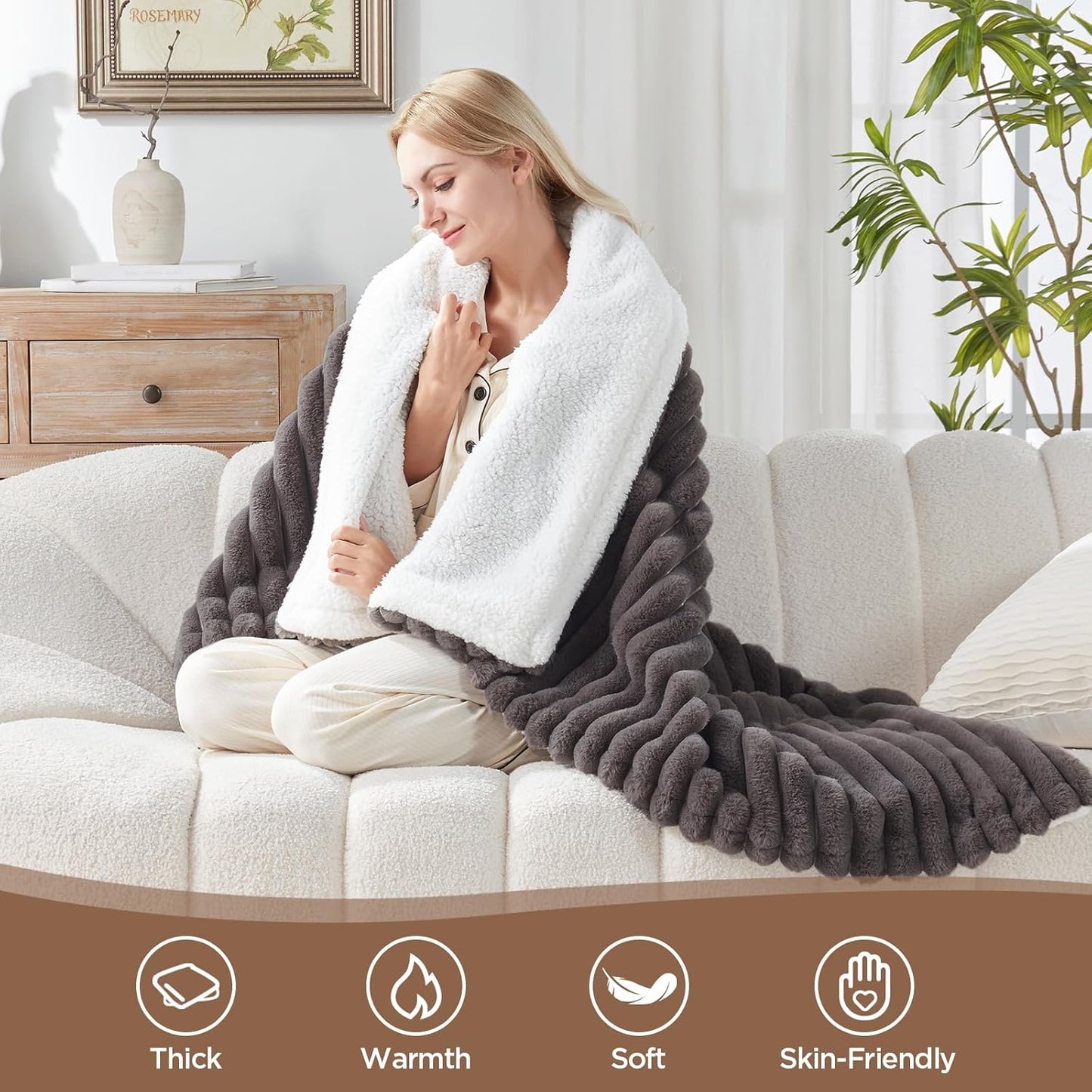 Westinghouse Heated Throw Blanket, Electric Blanket Throw with 6 Heating Levels and 2-10 Hours Time Settings, Flannel to Sherpa Super Cozy Heated Blanket Machine Washable, 50x60 inch, Charcoal
